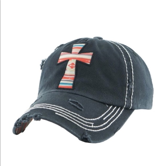 Black Vintage Style Baseball Cap Hat With Cross - Picture 2 of 5